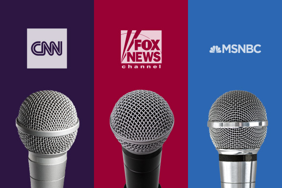 SiriusXM Radio CNN, Fox News, MSNBC logos with microphones